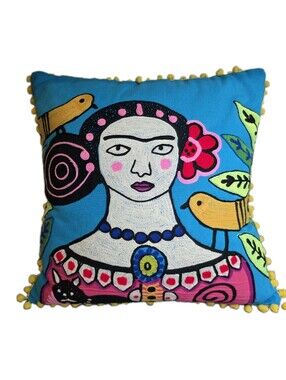 Karma Living Frida Kahlo Embroidered Pillow Cover 18x18 Turquoise Pom Pom Boho